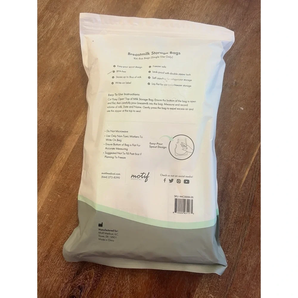 Motif Medical Milk Storage Bags 8 oz Milk Freezer w/Easy Pour Write-On 100 Count